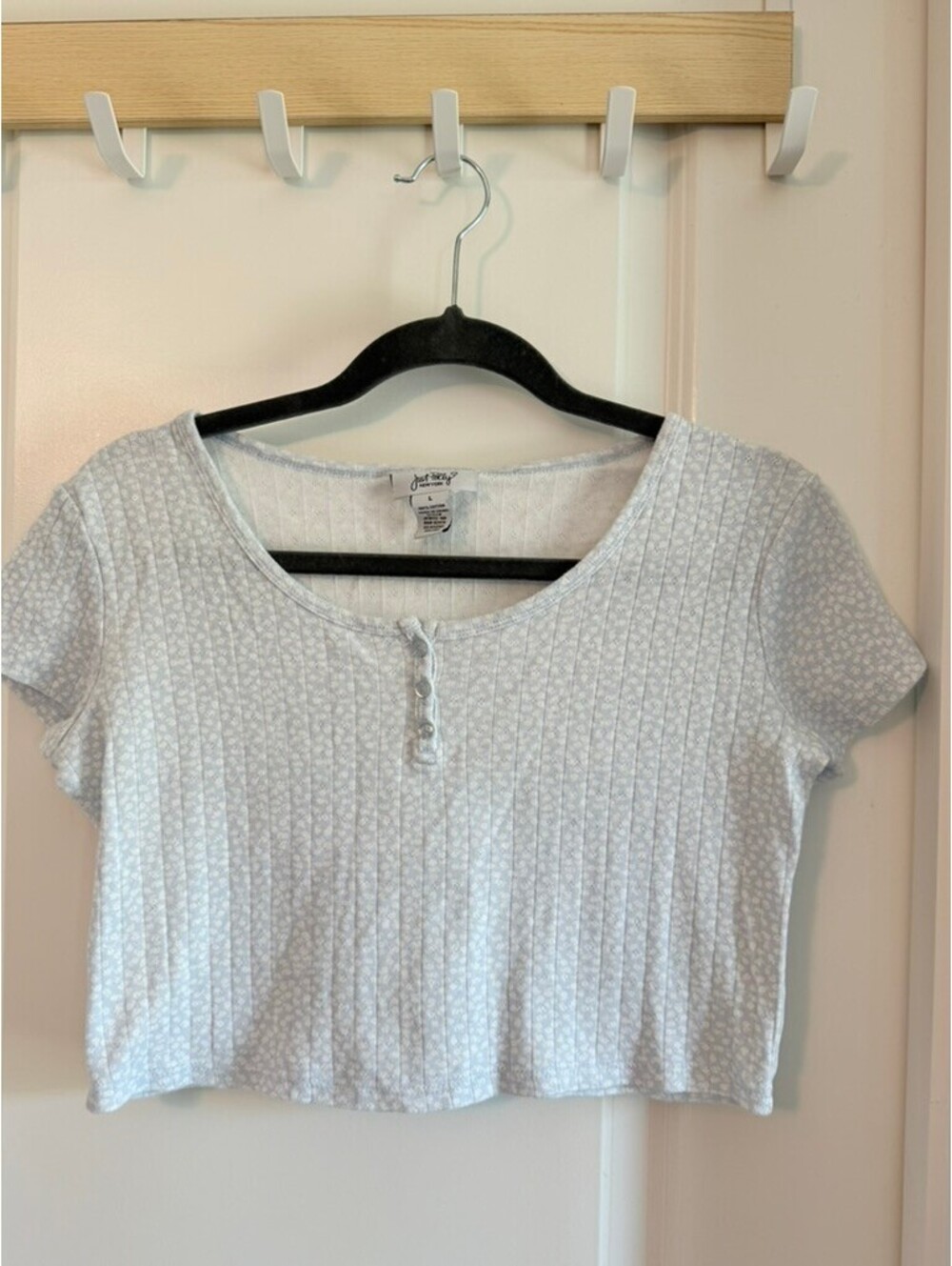 Just Polly Floral Baby Tee L | Blue Henley Crop Top | Y2K Coquette Soft Girl